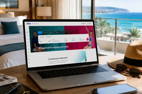 Szukasz tanich lotów na majówkę? Laptop z widokiem na morze pokazuje wyszukiwarkę lotów eSky.