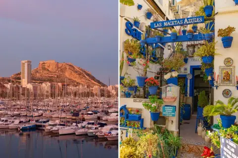 Puerto deportivo y castillo de Santa Bárbara al atardecer, junto a un patio lleno de macetas azules, descubriendo los secretos alicante.