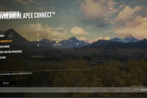 Menu gry z opcją "Koło Łowieckie Beta". Tytuł "Avalanche Apex Connect" nad krajobrazem górskim. The hunter awaits.