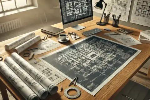 Biurko architekta z planami, komputerem i kawą. Zastanawiasz się, ile zarabia architekt?