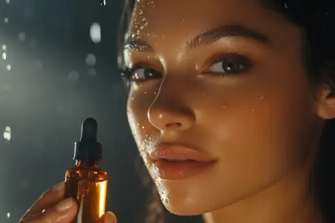 Una mujer con gotas de agua en la cara sostiene un frasco de suero. El brillo en su piel sugiere los beneficios de la vitamina E para la cara.