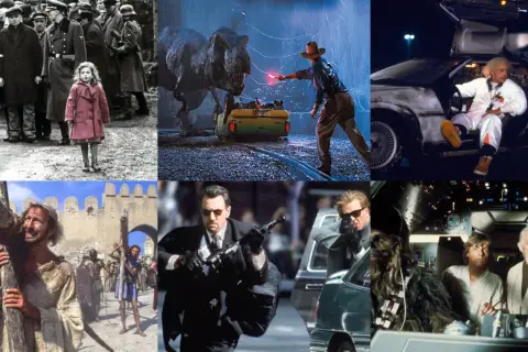 Kolaż scen z filmów: Schindler's List, Jurassic Park, Powrót do przyszłości, Pasja, Gorączka, Gwiezdne wojny. Filmy, które trzeba obejrzeć.