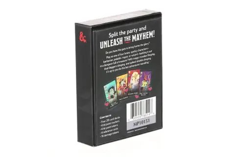 Pudełko gry karcianej D&D z hasłem "Unleash the Mayhem!". Zawiera cztery talie, liczniki punktów życia i obrażeń, karty referencyjne. Idealne na dungeon mayhem!