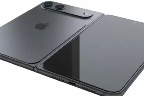 Koncepcja składanego iPhone'a z podwójnym aparatem i logo Apple.