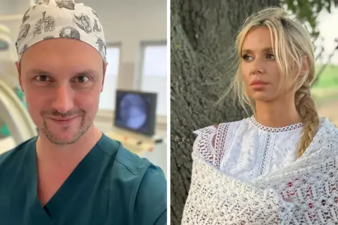 Łukasz Grabarczyk i jego żona, piękna blondynka w białej koronkowej sukience, pozują do zdjęć.