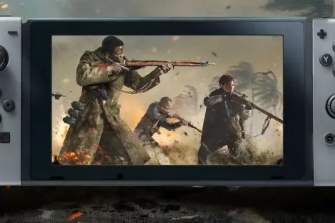 Call of Duty na Nintendo Switch: żołnierze w akcji, wybuchy i tropikalne krajobrazy.