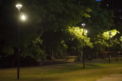 Nocny park rozświetlony przez nowe latarnie. Trwa budowa oświetlenia ulicznego, tworząc bezpieczną przestrzeń.