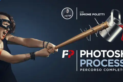 Donna con mazza chiodata e secchio di vernice rossa, pronta a creare con Photoshop. Corso completo di Simone Poletti.