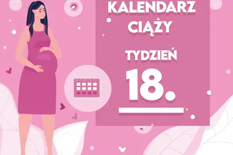 Kobieta w 18. tygodniu ciąży, z brzuszkiem i kalendarzem.