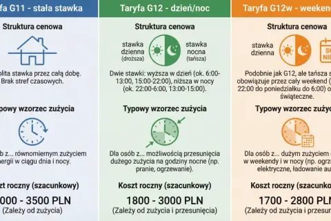 Porównanie taryf energii: G11 (stała), G12 (dzień/noc), G12w (weekendowa). Ukryte koszty transformacji energetycznej w nowych ustawach o odnawialnych źródłach mogą wpłynąć na te ceny.