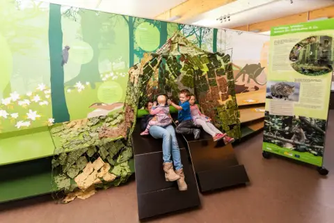 Familie erkundet im Naturparkzentrum Zaberfeld eine Wald-Ausstellung mit interaktiver Hütte.