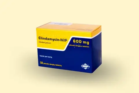 Opakowanie leku Clindamycin-MIP 600 mg, zawierające 32 tabletki powlekane.