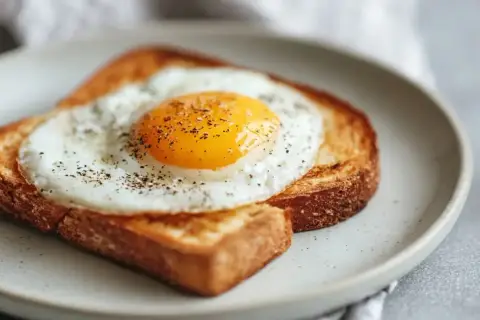 Idealne tosty z airfryer z jajkiem sadzonym, posypane pieprzem. Szybkie i pyszne śniadanie.
