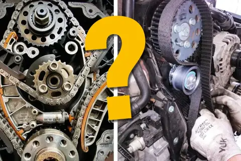 Motor med kedja och rem. En stor gul fråga undrar hur ofta ska man byta kamrem?