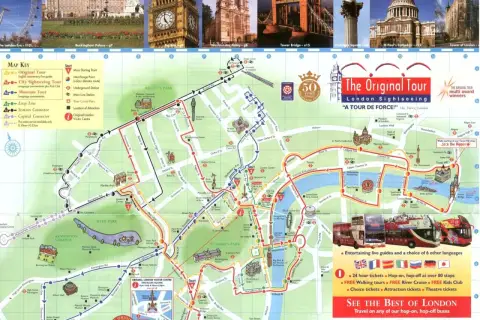 Mapa Londynu z zaznaczonymi atrakcjami i trasami autobusów turystycznych. Gdzie jest Londyn? Na mapie znajdziesz m.in. Pałac Buckingham, Big Ben i Tower Bridge.
