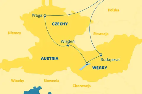 Mapa Europy Środkowej z zaznaczoną trasą wycieczki Praga-Wiedeń-Budapeszt. Idealna na wycieczkę 3 dni!