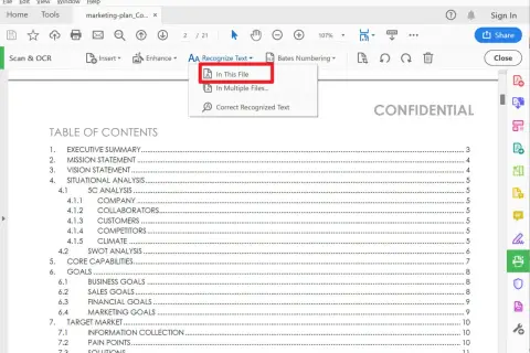 Menu Adobe OCR: opcja "Rozpoznaj tekst w tym pliku" jest podświetlona. Widoczny spis treści dokumentu "marketing-plan_Copy.pdf".