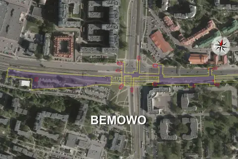 Widok z lotu ptaka na Bemowo z zaznaczonym obszarem metra, skrzyżowaniami i budynkami.