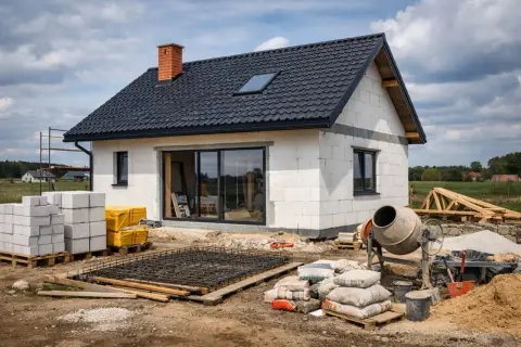 Budowa domu w toku. Beton, bloczki i zbrojenie czekają na dalsze prace. Zastanawiasz się, ile kosztuje pozwolenie na budowę?