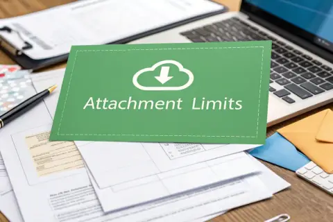 Tarjeta verde con "Attachment Limits" y nube con flecha. Pregunta: ¿cuantos megas se pueden enviar por Outlook?