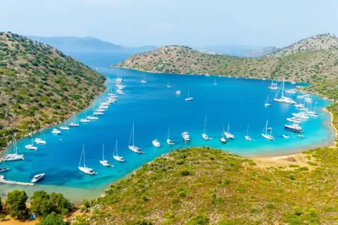Zatoka pełna żaglówek i jachtów, z zielonymi wzgórzami w tle. Idealne miejsce na wakacje, niedaleko Bodrum lotnisko.