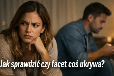 Zmartwiona kobieta patrzy w bok, podczas gdy mężczyzna z tyłu ukrywa telefon. Czy facet nie chce pokazać telefonu?