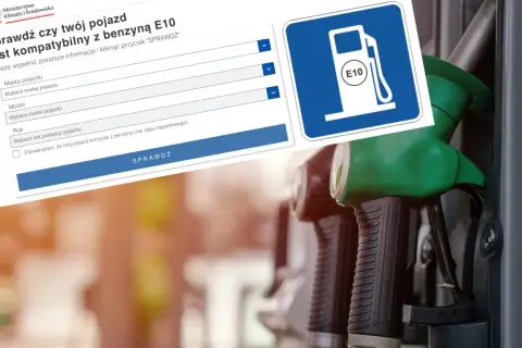 Formularz sprawdzający kompatybilność pojazdu z benzyną E10, obok pistoletów dystrybutorów paliwa.