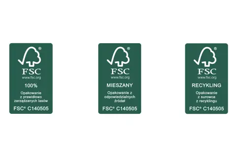 Trzy zielone etykiety FSC: 100% z lasów, mieszane z odpowiedzialnych źródeł i recykling.