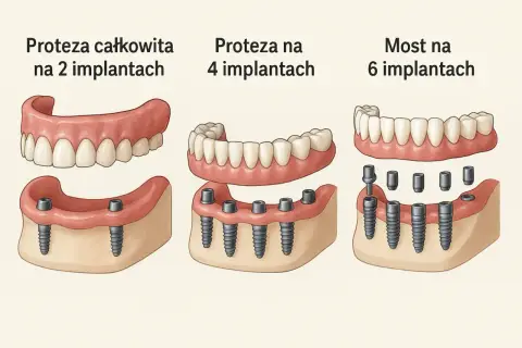 Nowoczesne protezy zębowe całkowite cena zależy od liczby implantów: na 2, 4 lub 6.