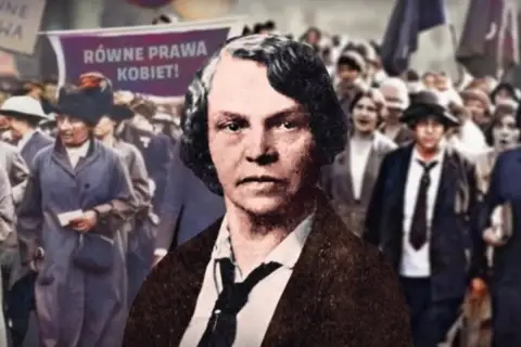Sylwetka kobiety na tle marszu sufrażystek z transparentem "Równe prawa kobiet!". Jej postawa symbolizuje walkę z konserwatyzmem o równouprawnienie.