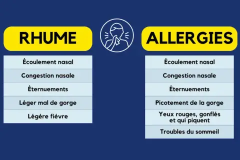 Tableau comparant les symptômes du rhume et des allergies. Le rhume inclut écoulement nasal, congestion, éternuements, mal de gorge et fièvre. Les allergies présentent aussi ces symptômes, mais avec en plus picotements de gorge, yeux rouges et troubles...