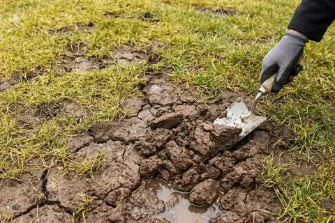 Ręka w rękawiczce używa łopatki do spulchniania mokrej, spękanej gleby obok trawy.