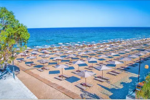 Piękna plaża z rzędami leżaków i parasoli. Zastanawiasz się, czy na Cypr potrzebna jest wiza? Sprawdź przed wyjazdem!