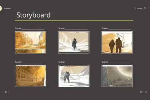 Ein Storyboard zeigt visuell eine Abfolge von Szenen, wie hier mit Astronauten in verschiedenen Umgebungen.