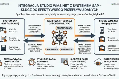 Schemat integracji SAP z WMS.NET: przepływ danych między systemami, automatyzacja procesów i synchronizacja w czasie rzeczywistym.
