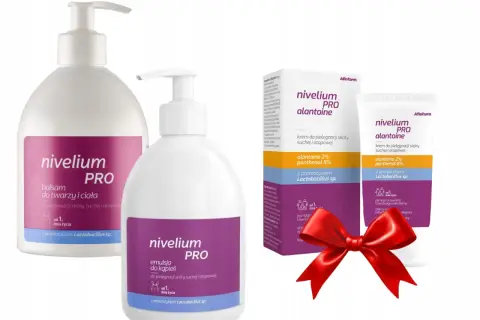 Zestaw produktów Nivelium PRO: balsam, emulsja do kąpieli i krem z alantoiną. Idealne dla skóry suchej i atopowej, od 1. dnia życia.