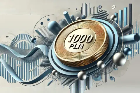 Złota moneta 1000 PLN w centrum abstrakcyjnej kompozycji z wykresami i kulami. Zastanawiasz się, ile bierze adwokat za sprawę o podwyższenie alimentów?