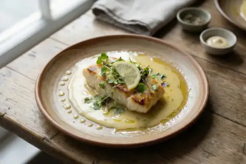En perfekt tillagad fiskfilé med en krämig beurre blanc-sås, toppad med citron och örter.