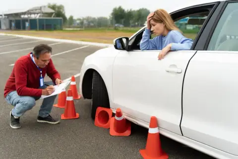 Zestresowana kursantka podczas **testów opiekunka dziecięca** na placu manewrowym. Instruktor notuje jej postępy.