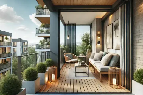 Nowoczesny balkon z wygodną sofą i fotelem. Jak zawiesić lampki na balkonie? Wystarczy postawić je w ozdobnych latarenkach, by stworzyć przytulny klimat.