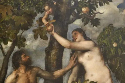 Adam i Ewa w Ogrodzie Eden, sięgają po zakazany owoc. Biblia opowiada tę historię.