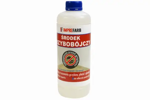 Butelka środka grzybobójczego Imprefarb. Skutecznie usuwa pleśń i grzyby z powierzchni wewnątrz i na zewnątrz.