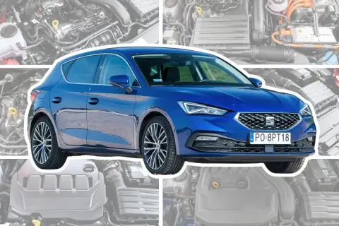Niebieski Seat Leon 1 z nowoczesnym przodem, otoczony schematami silników.