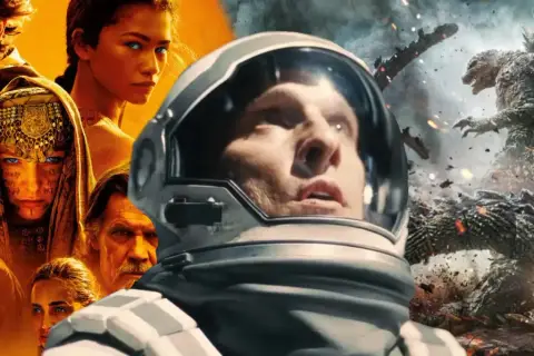 Kolaż z motywami z filmów: "Diuna", "Interstellar" i "Godzilla". To z pewnością jedne z najlepszych filmów 21 wieku.