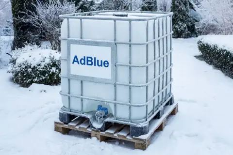 Duży zbiornik z AdBlue stoi na palecie w śniegu. Widać szron i lód, co sugeruje niską temperaturę i potencjalne problemy z zamarzaniem płynu.