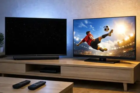 Dwa telewizory na drewnianej szafce. Jeden pokazuje nocne niebo, drugi mecz piłki nożnej. Który lepszy: oled czy qled?