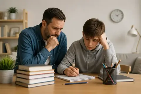 Ojciec z zamyśloną miną obserwuje syna piszącego w zeszycie przy biurku.
