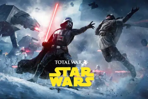 Darth Vader walczy z rebeliantami na śnieżnej planecie, podczas gdy AT-AT i myśliwce sieją zniszczenie. To epicka bitwa w stylu **Total War Star Wars**.