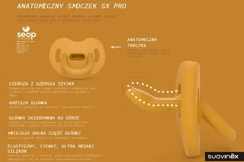 Anatomiczny smoczek Suavinex SX Pro, który jest smoczkiem fizjologicznym, z cienką szyjką i krótszą główką.