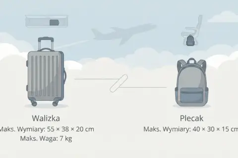 Porównanie walizki i plecaka jako bagażu podręcznego. Walizka: 55x38x20 cm, 7 kg. Plecak: 40x30x15 cm.